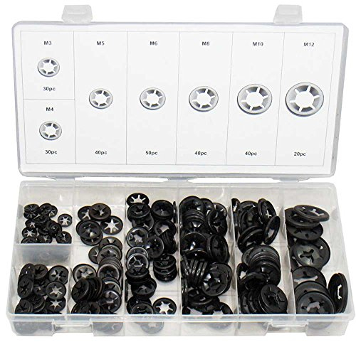 Sicherungsscheiben Set/Sperr Sicherungsring Satz Stern Schnellspanner Sortiment Größen M3 M4 M5 M6 M8 M10 M12 Sicherungs-Unterlegscheiben-Set 250-tlg. (im wiederverwendbaren Aufbewahrungsbox)