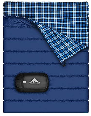 AGEMORE Cotton Flannel Double Sleeping Bag for Camping, Backpacking Or Hiking. Queen Size 2 Person Waterproof Sleeping Bag for Adults Or Teens. Lightweight with Compression Sack