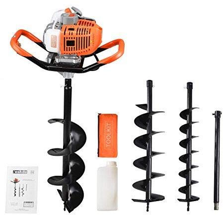 Petrol Auger Post Hole Digger - 52cc Fence Post Digger Tool for Tree Planting, Poles and Shrubs | Earth Auger Hole Borer with 3 Drill Attachments 100mm, 150mm, 200mm and Extension Pole | eSkde