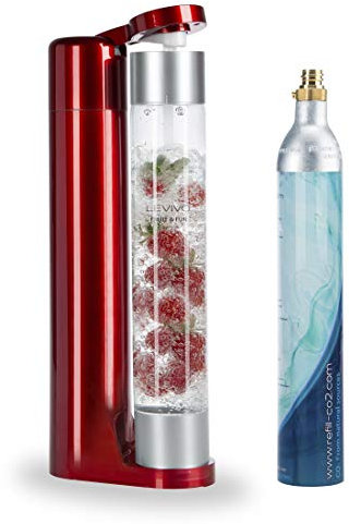 Levivo Wassersprudler, Fruit und Fun Sprudler Slim, mit 1-Liter-Sprudlerflasche und CO2-Kohlensäure-Kartusche, Kohlensäure für Wasser, Cocktails und andere Getränke, Farbe: Rot