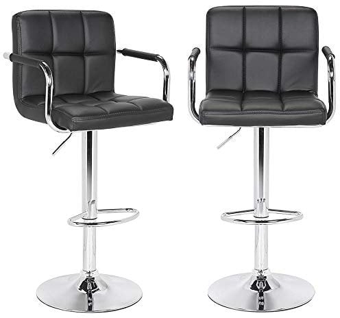 BAKAJI Set 2 Sgabelli da Bar Cucina Seduta e Schienale in Ecopelle Similpelle Base in Metallo Cromato con Poggiapiedi e Braccioli Sgabello Design Moderno Girevole Altezza Regolabile (Nero)