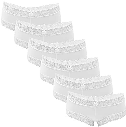 Fabio Farini - 6er Pack Damen Panties Hipster mit verführerischen Spitzendetails - Frauen Unterhosen Slips Brasil Spitze Set Unterwäsche 6X Weiß 44-46