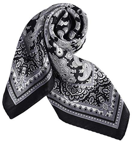 ANDANTINO Schal aus 100 % Maulbeerseide, leicht, quadratisch, 53,3 cm, atmungsaktiv, digital bedruckt, mit Geschenkverpackung, Schwarz-weißes Paisleymuster, Small