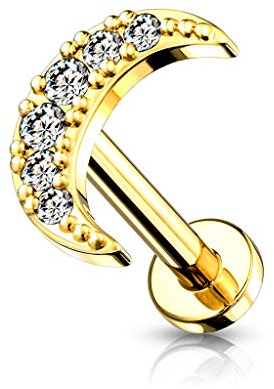 beyoutifulthings Lippen-Piercing Zirkonia Pavé Halb-Mond Gold Clear Piercing-s Lippe Labret Stecker Chirurgenstahl Schraub-Verschluss Stab 8 mm