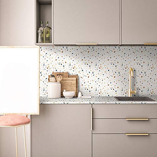 Autocollant auto-adhésif pour meubles/tables/panneaux effet terrazzo, papier peint en vinyle à peler et coller pour salon/autocollant mural au sol, couleur terrazzo blanc