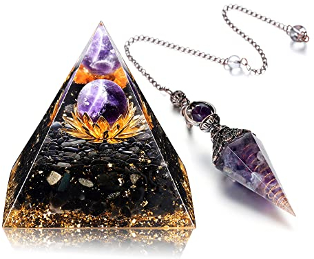 JSDDE 7 Chakra Heilsteine Pyramide mit Pendel Set Reiki Heilung Hause Zimmer Feng Shui Deko Heilkristall für Wahrsagen, Meditation, Yoga Balancing, Schutz (Set 2)