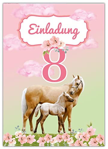 Junapack 12 Einladungskarten zum 8. Kindergeburtstag achte Geburtstag Mädchen Pferd mit Fohlen