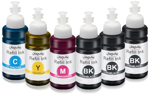 Jagute 6-Pack 104 102 Ink Bottle Refills Replacement for Epson 104 102 compatible with EcoTank ET-2720 ET-2710 ET-2711 ET-2712 ET-2714 ET-2715 ET-2721 ET-2726 ET-4700 ET-4750 ET-1810 ET-2810 ET-2820
