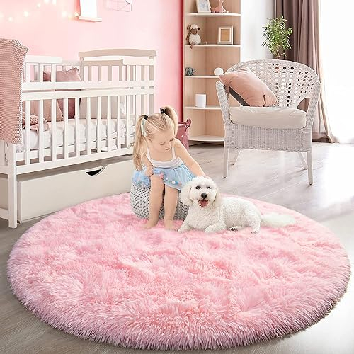 lightlux Shaggy Hochflor Teppich Rund für Kinderzimmer Wohnzimmer Schlafzimmer Langflor Teppich Hochwertig Hohe Pflegeleicht Fadendichte Flauschiger kinderteppich Bodenmatte für Mädchen(Rosa, 122cm)