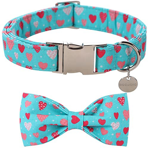 DOGWONG Valentinstag Hundehalsband mit Fliege - Blau Herz komfortable Baumwolle Weihnachten Hundehalsband mit abnehmbaren Fliege für klein Groß Mittel Hund