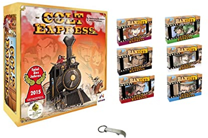 Colt Express Basisspiel Französische Version + 6 Bandits Tuco + Cheyenne + Ghost + Doc + Django + Belle + 1 Flaschenöffner Blumie (Base + 6 Bandits)