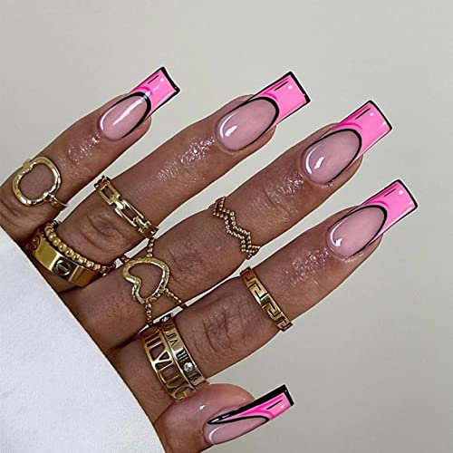 Medium Length Square Press on Nails for Women Girls,Reusable French Tip False Nails,Glitter Fake Nails,Y2k Artificial Nails with Adhesive Tabs 24 Pcs Stick on Nails (french tip)
