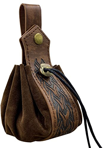 HiiFeuer Pochette à Cordon en Faux Cuir Médiéval, Porte-Monnaie Portable Rétro Nordique, Pochette de Ceinture Vintage Sac à Dés pour LARP Ren Faire(Marron B)