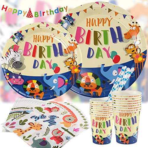 Dschungel Safari Partygeschirr Set,Junge Einweggeschirr Set 100 Stück Papier Teller Tassen Servietten Strohhalme für Wild One Kindergeburtstag Geburtstag Deko Babyparty
