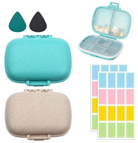 Scettar 2 Pezzi Portapillole Giornaliero,Portapillole da viaggio,Portapillole Tascabile con 8 Scomparti Rimovibili Portapillole Settimanale per Portare Vitaminecon e Multipla Medicina(Blu+Beige)