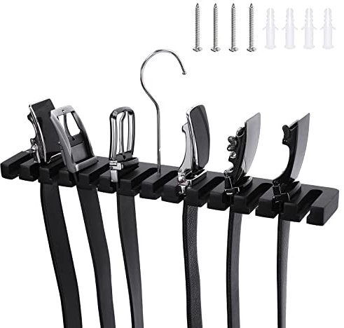 SUNTRADE 14-in-1 Wooden Wall Mount Belts & Tie Organizer with Swivel Hook, Display for Closet, Door, Wall (Black)