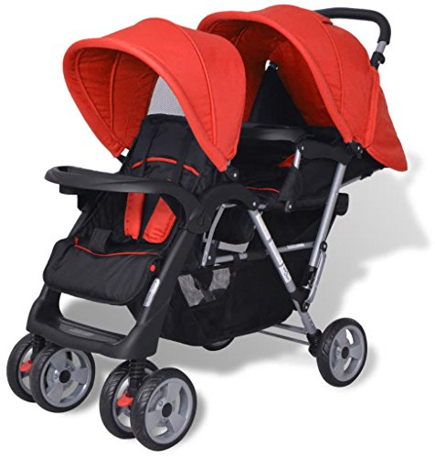 Geschwisterwagen, BULANED Geschwisterbabywagen, babywagen, Geschwisterwagen, babywagen Zwillinge, Doppelbabywagen, Zwillingsbuggy, Stahl Rot und Schwarz