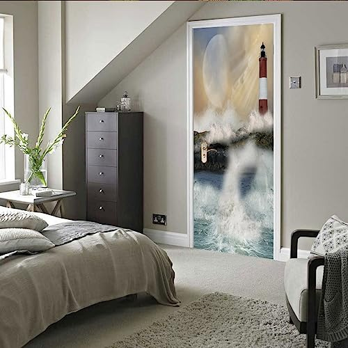 A.Monamour Türtapete Selbstklebend Türfolie Türposter 3D Leuchtturm In Einer Klippe Mit Großen Wellen Vinyl Folie Türdeko Tapete Wandbild Türaufkleber Türtattoo 90x200cm