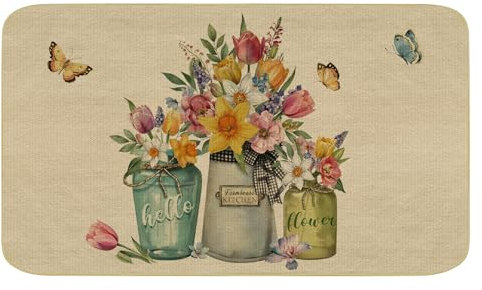 comfoyar Dekorative Fußmatte Blumen Vase Schmetterling, Fußmatte mit Rutschfester Gummirückseite, Leicht zu Reinigen, Fängt Schmutz auf, Teppich für Eingang, Terrasse, Garage, 43 x 75 cm