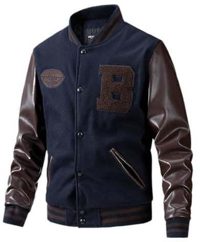 Duohropke Zweifarbige Bomberjacke Herren Winter College Jacke Mit Lederärmeln Kunstleder Oldschool Football