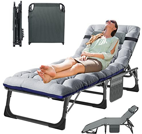 Meulbaty Foldable Sun Lounger with Adjustable Backrest, Cushion, Headrest, and Side Pocket –190x68x28cm Perfect for Garden, Pool, Beach, Camping, Guest Bed (Blue)