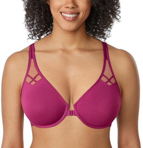Delimira Women's Front Fastening Bras Underwire Unlined Racerback Plus Size Bra Magenta Purple 38D