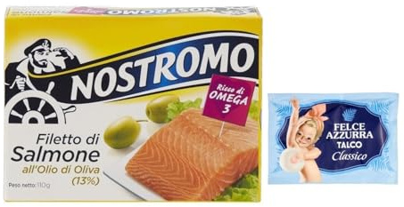 10er-Pack Nostromo Filetto di Salmone all'Olio di Oliva,Lachsfilets in Olivenöl,110g + 1er-Pack Kostenlos Felce Azzurra Talkumpuder, 100g-Beutel