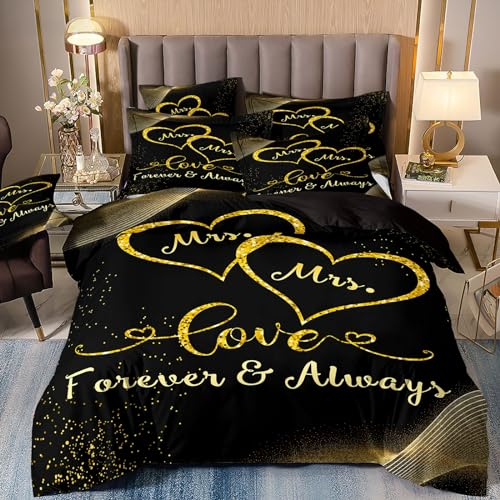 Freyamy Partner Bettwäsche 220x240cm 3teilig Schwarz Gold 3D Herz Bettwäsche für Paare 100% Mikrofaser Pärchen Bettwaren-Sets Liebe Bettbezug mit Reißverschluss und 2 Kissenbezug 80x80cm