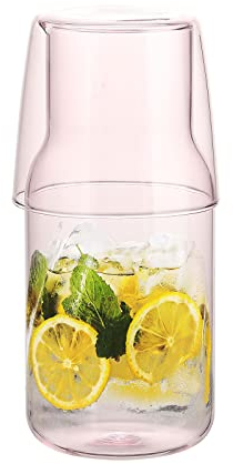 17 Oz Water Carafe with Tumbler, Bedside Water Carafe and Glass Set, Water Carafe with Cup, Clear Glass Pitcher Water Carafe, Night Water Carafe with Glass, Mouthwash Dispenser for Bathroom(Pink)