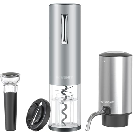WIWONEY Tire Bouchon Electrique 4 en 1 avec Ouvre Bouteille Electrique Rechargeable, Aérateur Vin Electrique, Coupe-Capsule et bouchon de vin sous vide, Cadeaux pour Amateurs de Vin, Argent