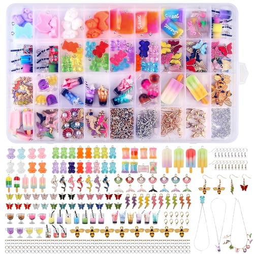 207 Stück Charms Anhänger Set, Schmuck Selber Machen Sets mit Aufbewahrungsbox, Ohrringe Selber Machen Set Bubble Tea Schmetterling Bär, Geschenke für Mädchen für DIY Armband Halsketten Schmuck