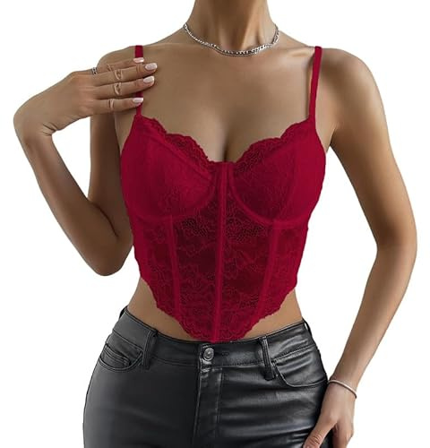 Haibang Top da Donna in Pizzo Canotta Donna Estiva Sexy Slim Fit Corsetto con Spalline Sottili Senza Maniche Crop Top Scollo a V Regolabile Canottiera Elegante Sottogiacca Aderente Bustier Clubwear