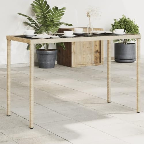 Homgoday Gartentisch mit Glasplatte, beige, 115 x 54 x 74 cm, Polyrattan, Gartentisch, Esstisch, Küchentisch, Gartentisch