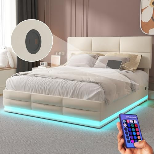 Lit 160×200 avec Sommier LED et USB, Double avec Espace de Rangement et Tête de Lit, Coffre avec Cadre Métallique, Rembourré à Lattes 2 Personnes, Velours, Beige