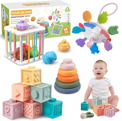 Plunack Baby Spielzeug, Montessori Spielzeug Baby, 4 in1 Motorikspielzeug, Stapelspiel Bausteine, Sensorisches Spielzeug, Geschenk für Baby 1 2 3 Jahr
