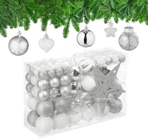 Relaxdays Weihnachtskugeln 101er Set, Kunststoff, Weihnachtsbaumdeko mit Kugeln & Spitze, Christbaumschmuck, Silber/weiß