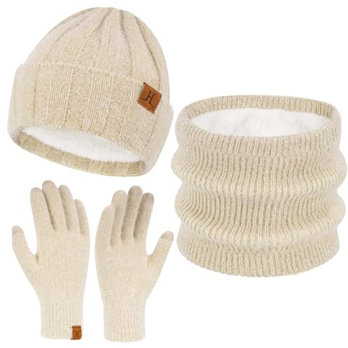 ZASFOU Damen Winter Mütze Schal Touchscreen Handschuhe Set Kunst Nerz Samt Strickmütze Beanie Thermo Wintermütze Schals Winterschal Winterhandschuhe Geschenk für Frauen
