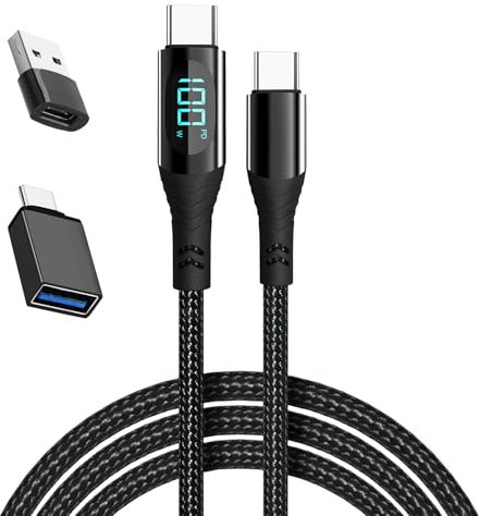 USB C to USB C Charger Cable 100W USB Type-C Cable with LED Display PD Fast Charging Cable with 2 Type C Adapters for lPhone 15/15 Pro/15 Plus/15 Pro Max,lPad Air,MacBook Pro,Galaxy S23/S22 (2M Black)