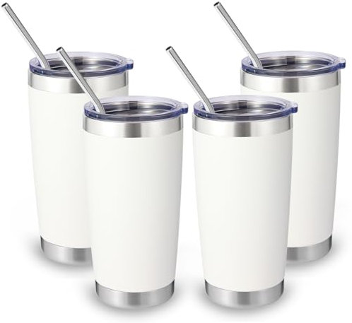 Volhoply 20oz 550ml Travel Insulated Tumbler with Lid and Straw Bulk 4 Pack, Double Wall Stainless Steel Coffee Mug Fits Cup Holder,Powder Coated Cups for Hot & Cold Drinks, BPA Free(White,4 Set)