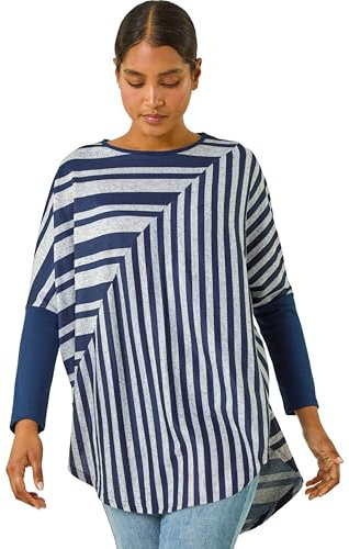 Roman Originals Contrast Stripe Stretch Jersey Top for Women UK - Ladies Everyday Autumn Winter Round Neckline Comfy Soft Evening Vacation Work Party Night Out - Navy - Size 14