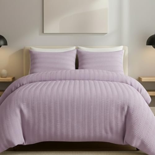 AHS - Double Lilac Seersucker Duvet Set Cover With Pillow Case - Multiple Sizes - Complete Bedding Set - Ultra Soft Brushed Microfiber - EasyCare & Machine Washable