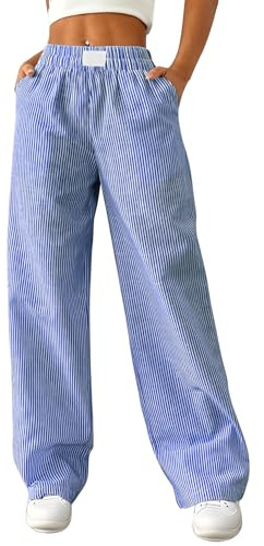 Rapbin Damen Schlafanzughose Gestreifte Pyjamahose Lang Freizeit Hose mit Taschen Weich Schlafhose Y2k Lounge Pants Blau