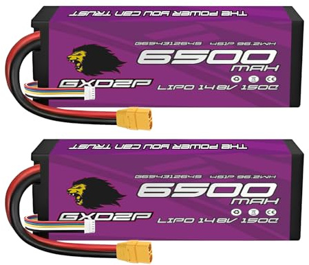GXDZP 4S LiPo Akku 6500mAh 14,8V 150C Hardcase XT90 Stecker Hochleistungs RC Batterie für Auto LKW Buggy Flugzeug 1/10 1/8 Scale Modellbau 2 Pack HV