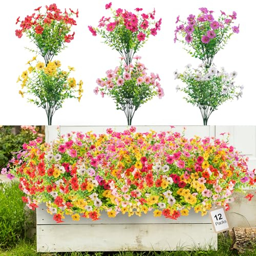 Juertime 12 Bundles Artificial Flowers Outdoor, Mixed 6 Colors Violets | UV Resistant and No Fade, Silk Fake Flowers Faux Plants for Garden, Porch, Window Box, Window Box Decoration