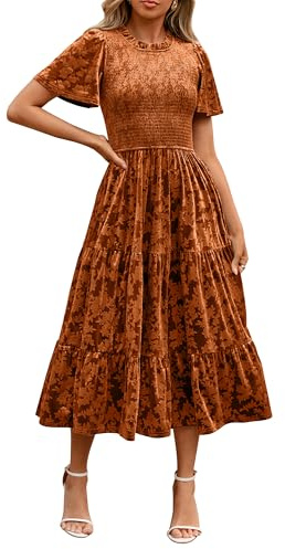 Simplee Samtkleid für Damen, halbformell, kurzärmelig, Blumenmuster, gesmokt, Empire-Taille, Herbst, Winter, Hochzeitsgäste