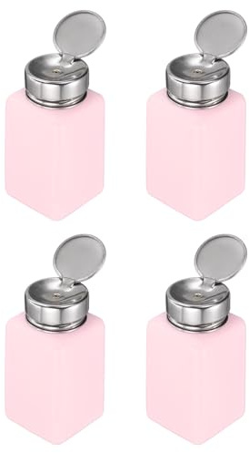 sourcing map 4pcs Solvent Alcohol Dispenser 200ml(6.7oz) Nail Polish Remover Push Down Liquid Dispenser Pump Bottle with Stainless Steel Press Head for Acetone Solution, Pink