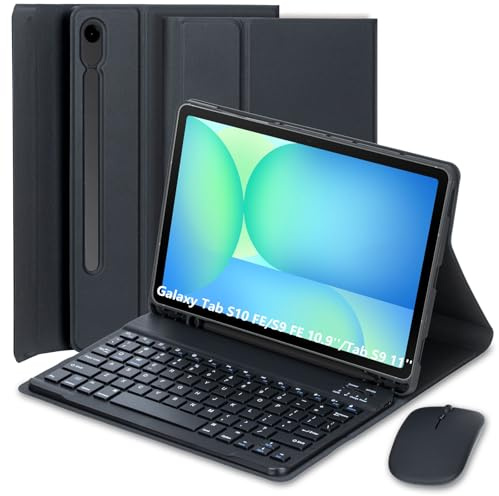 Keyboard Case for Samsung Galaxy Tab S10 Lite/S10 FE/Galaxy S9 FE 10.9 inch/Tab S9/S8/S7 11 inch, UK Layout Detachable Bluetooth Keyboard, Protective Folio Cover with S Pen Holder and Mouse (Black)