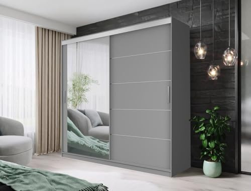 FHI-IBIZA Modern Sliding Door Wardrobe with Full-Length Mirror – Bedroom Closet Storage Cabinet – Available in 100cm, 120cm, 150cm, 180cm, 203cm & 250cm – White, Black, Grey & Oak (Grey, 150cm)