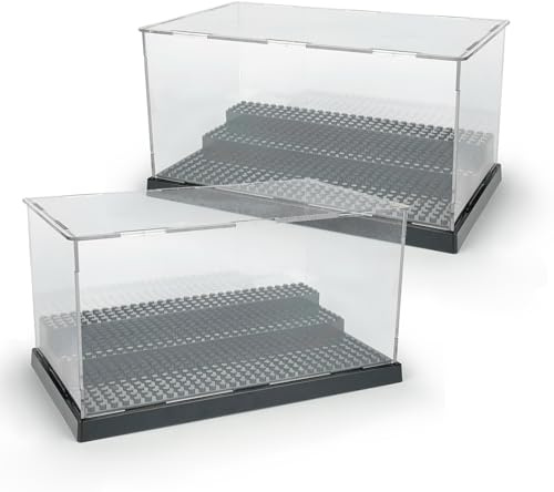 2 Pack Acrylic Display Case for Minifigures - 3-Tier Movable Step Showcase with Dustproof Cover | for LEGO Action Figures, Building Blocks & Collectible Models (Black)