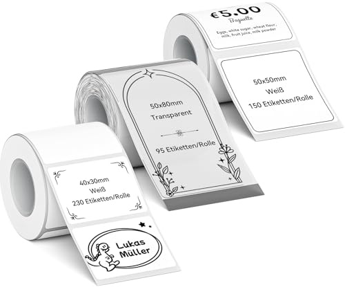 NIIMBOT Etiketten Wasserfeste Selbstklebender Etikettenband für B1 B1Pro B2 B2Pro B21 B21Pro B31 B3S K3 Etikettendrucker, 3-Rollen Thermo-Etikettenband 40x30mm Weiß, 50x80mm Transparent, 50x50mm Weiß